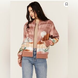 Hooey Desert Land & Cactus Women's Pink Satin Western Bomber Jacket Size XL